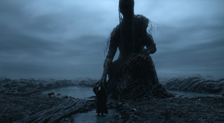 O gwi-mae primordial, uma figura gigante, com o Gu-cheon pequenininho diante dele
