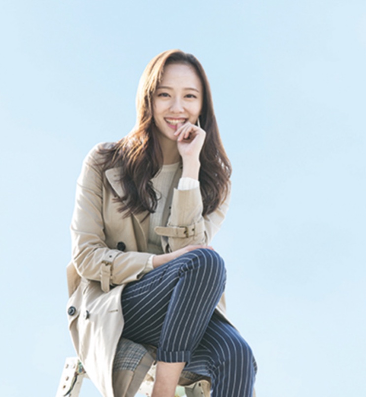 Park Ji-hyun sentada, de trench coat, com o céu ao fundo